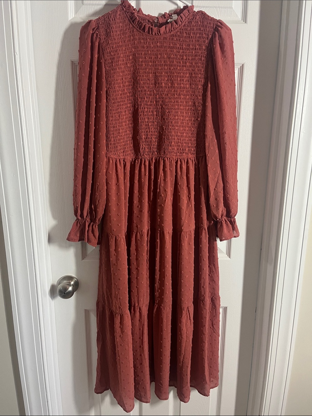 Long sleeve textured rusty pink dress